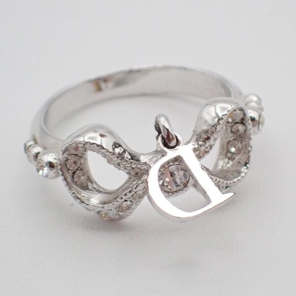 Dior Logo Rhinestone Bow Ring Silver Plated Accessory 09EF811 - Picture 6 of 15